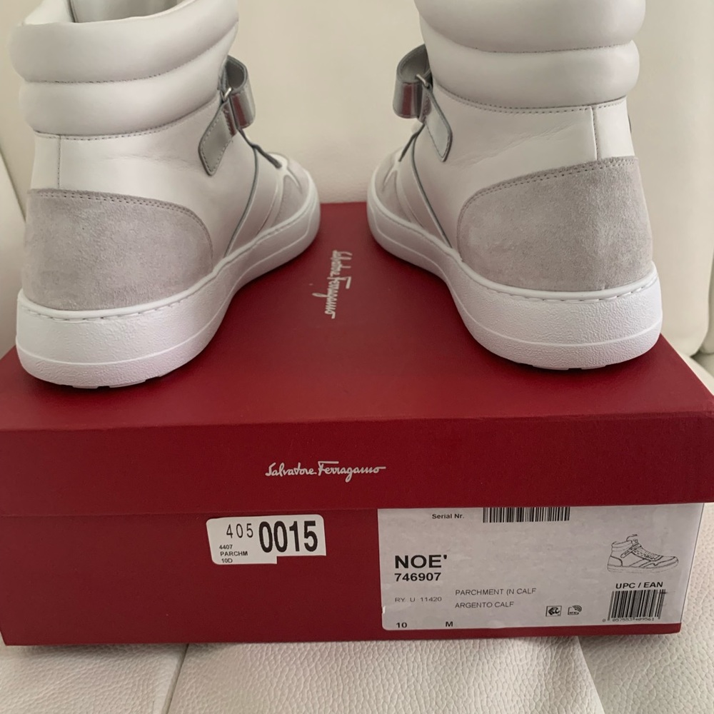 NIB Mens Salvatore Ferragamo "Noe" Leather High-Top Sneakers White/Nikel 10 - Picture 3 of 10